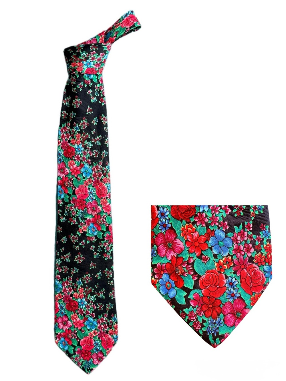Vintage Papillon Italy Silk Boho Floral Wide Tie Black Red Botanical 3.8"